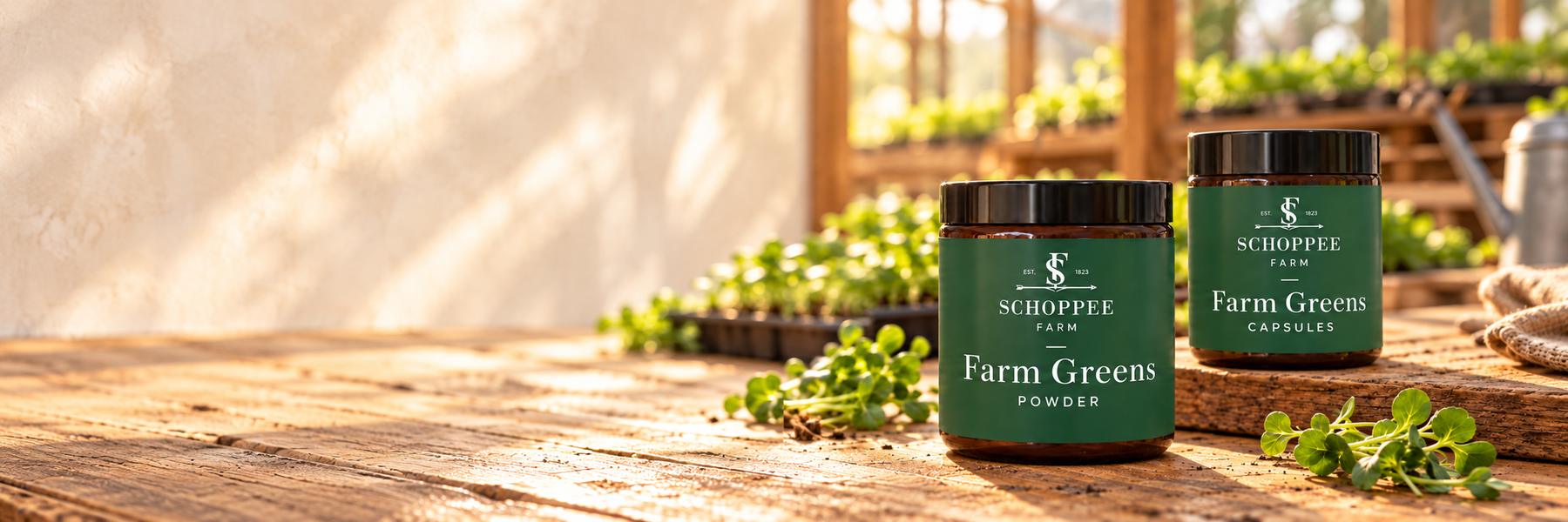 Farm Greens powder and capsules on the farm table
