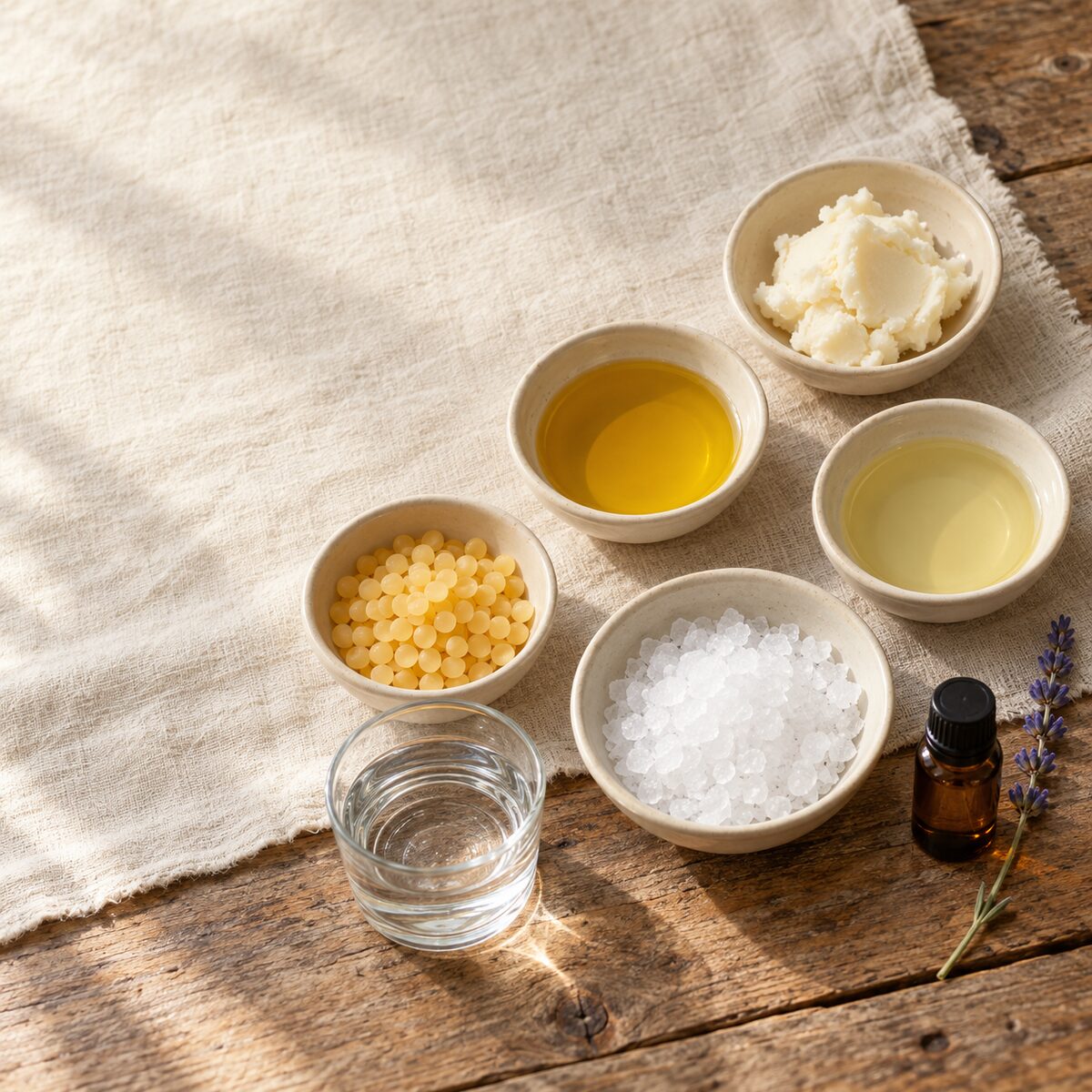 Concept render: ingredient still life with shea butter, jojoba and avocado oils, beeswax, magnesium chloride, and lavender