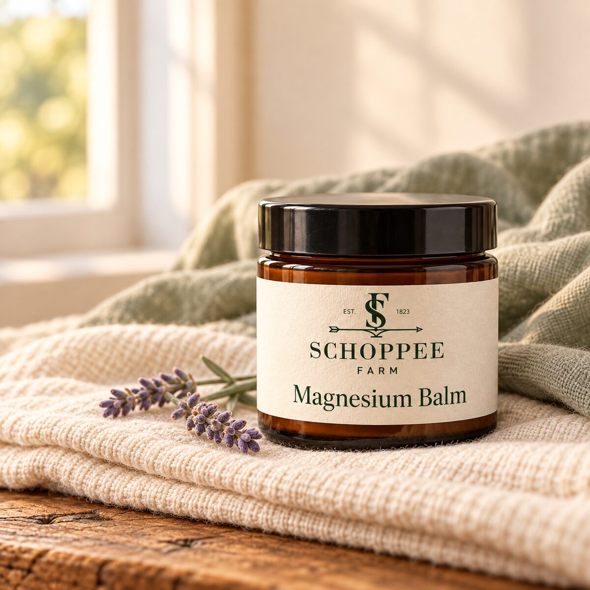 Concept render: Magnesium Balm jar with lavender sprigs on a folded cream blanket