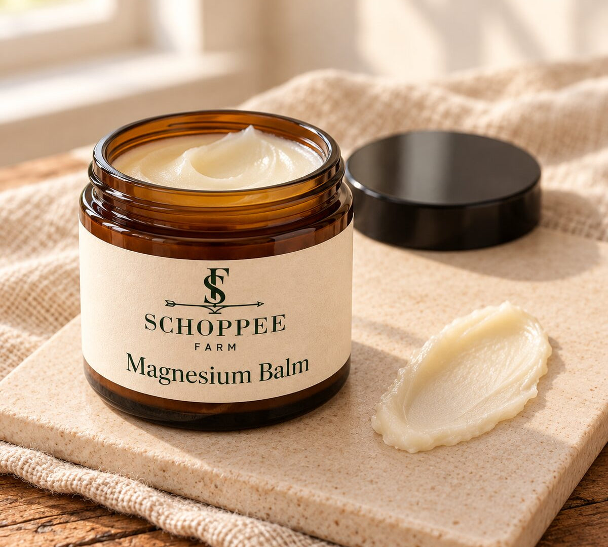 Concept render: open Magnesium Balm jar with an ivory balm swatch on a ceramic tile